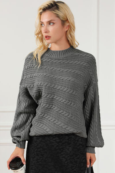 Cable-Knit Mock Neck Dropped Shoulder Sweater - TRENDMELO