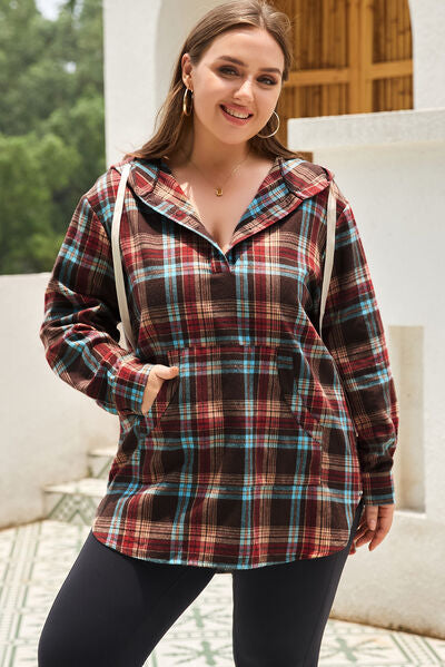 Plus Size Drawstring Plaid Quarter Button Hoodie - TRENDMELO