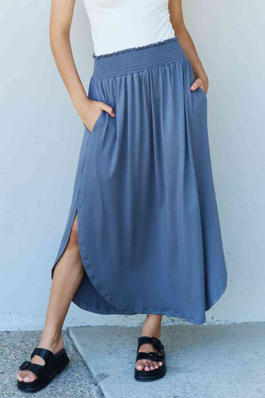 Doublju Comfort Princess Full Size High Waist Scoop Hem Maxi Skirt in Dusty Blue - TRENDMELO