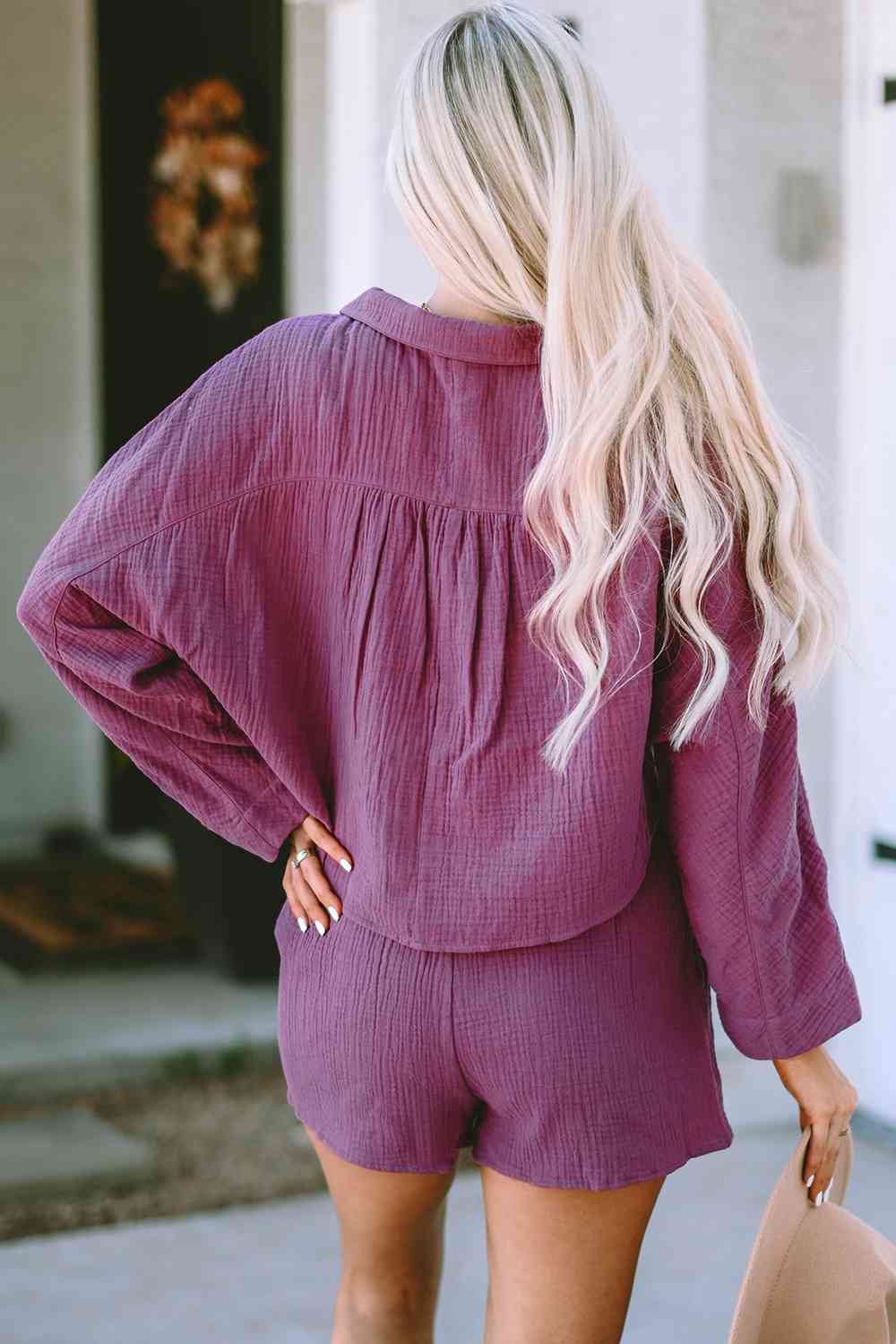 Buttoned Long Sleeve Top and Shorts Set - TRENDMELO