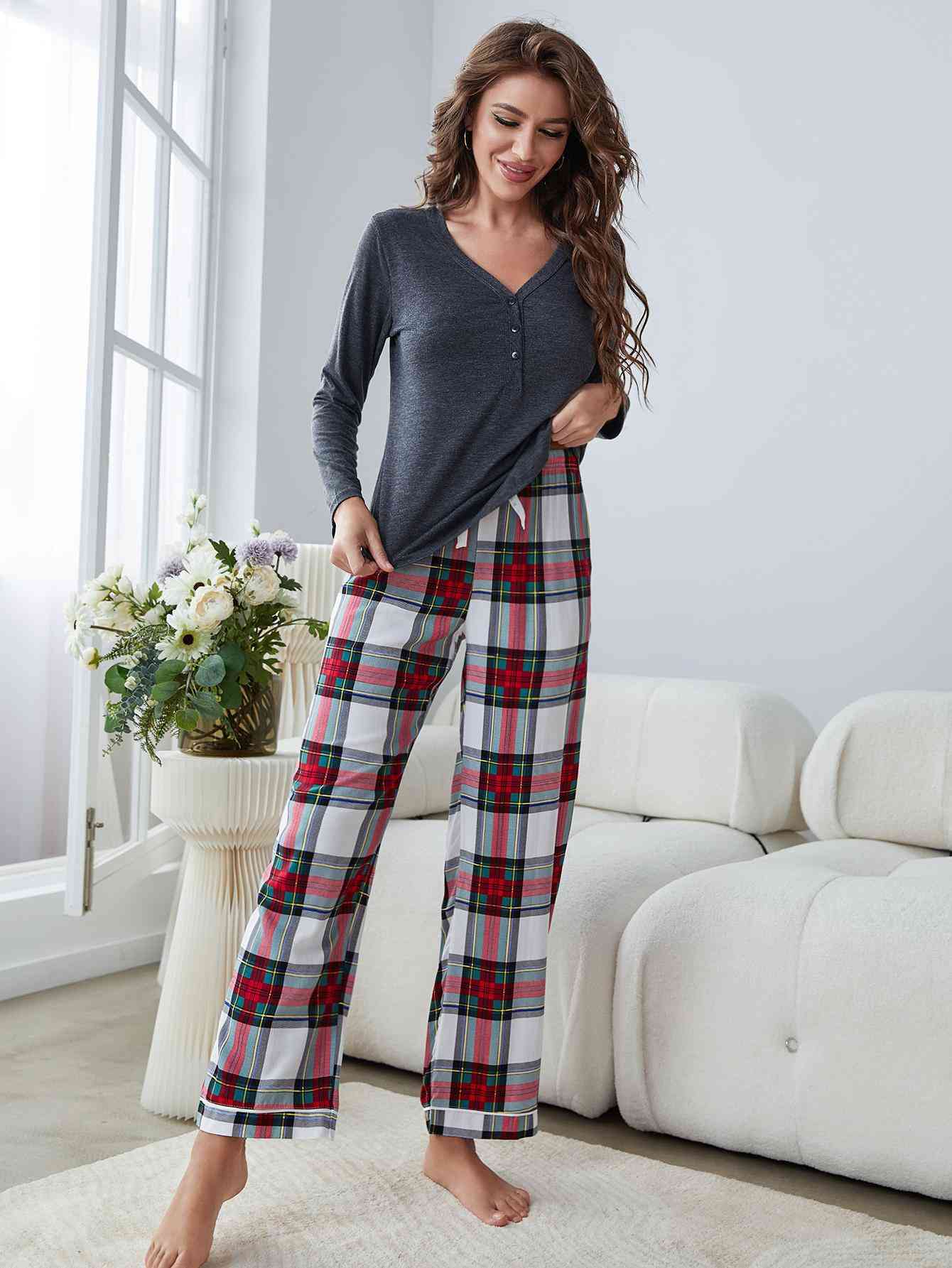 Buttoned Long Sleeve Top and Plaid Pants Lounge Set - TRENDMELO