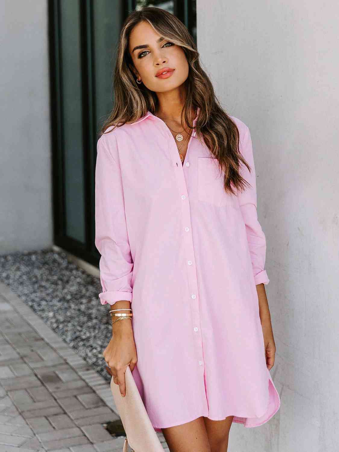 Button Up Collared Neck Long Sleeve Shirt Dress - TRENDMELO