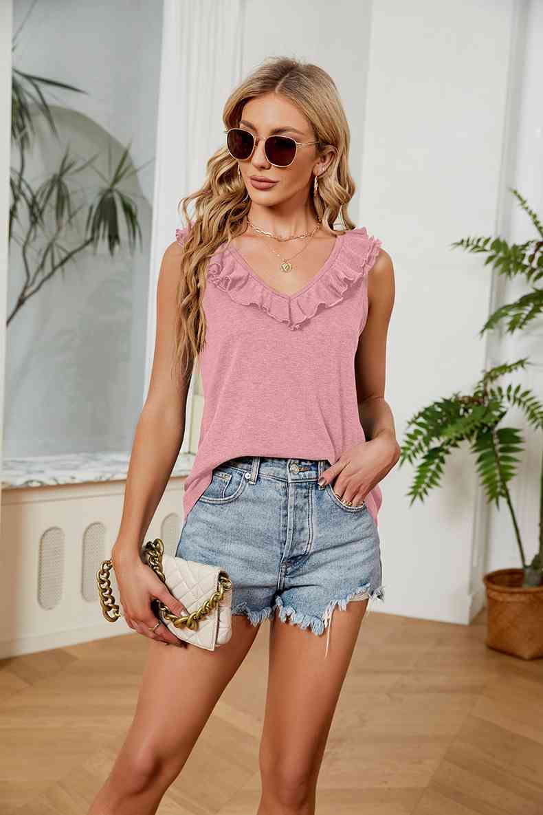 Ruffle V-Neck Tank Top - TRENDMELO