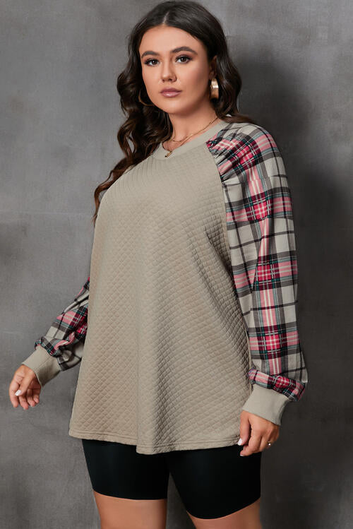 Plus Size Plaid Round Neck Long Sleeve Sweatshirt - TRENDMELO