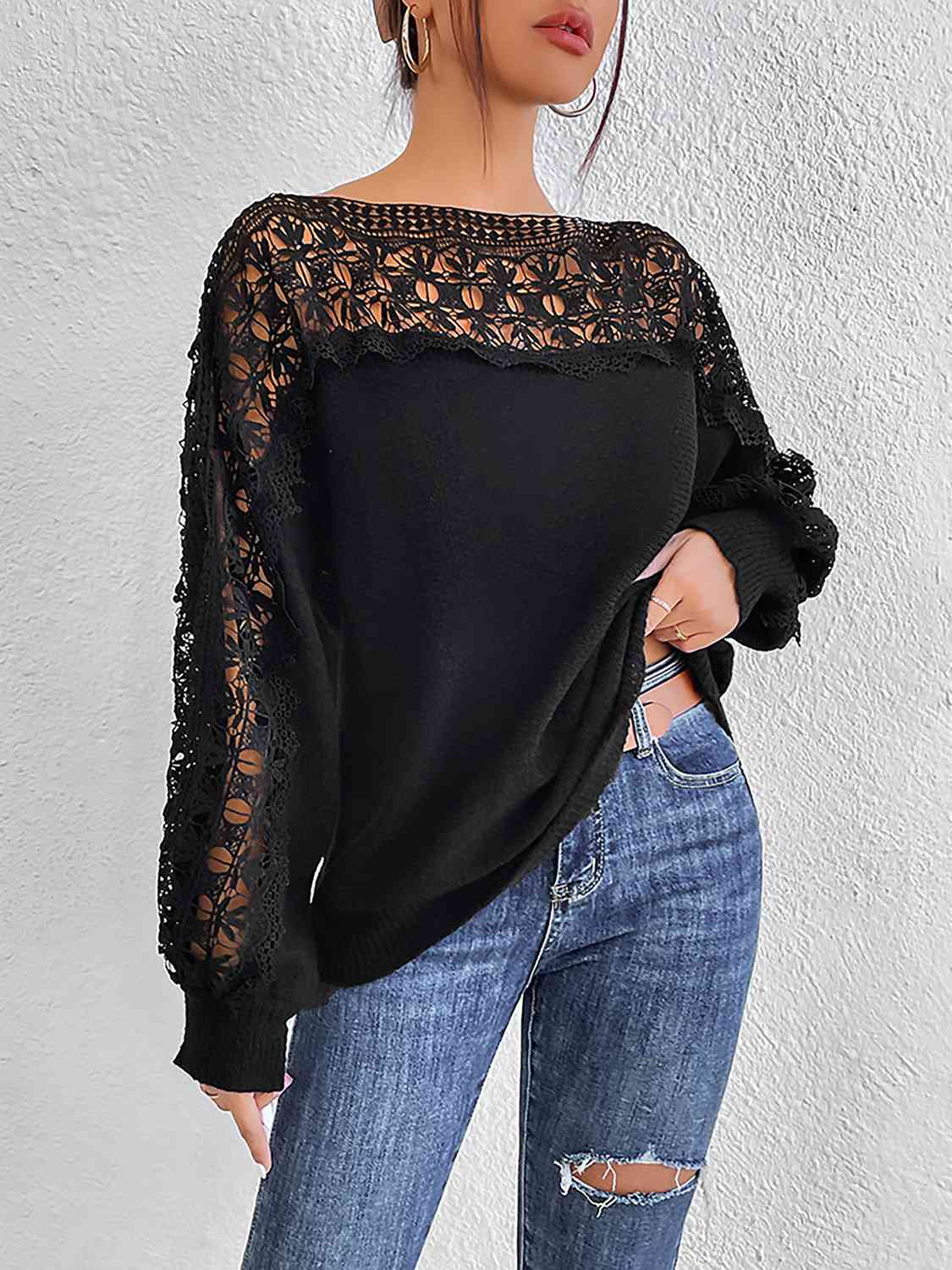 Lace Trim Boat Neck Knit Top - TRENDMELO