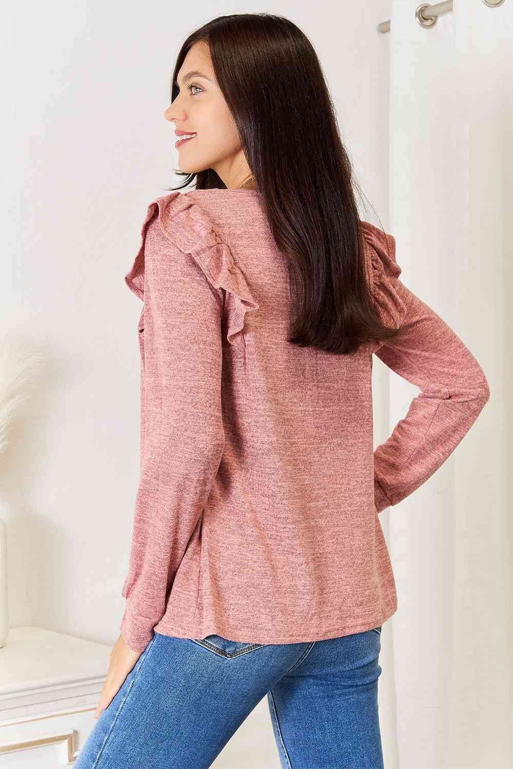 Double Take Square Neck Ruffle Shoulder Long Sleeve T-Shirt - TRENDMELO