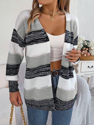 Openwork Striped Open Front Cardigan - TRENDMELO