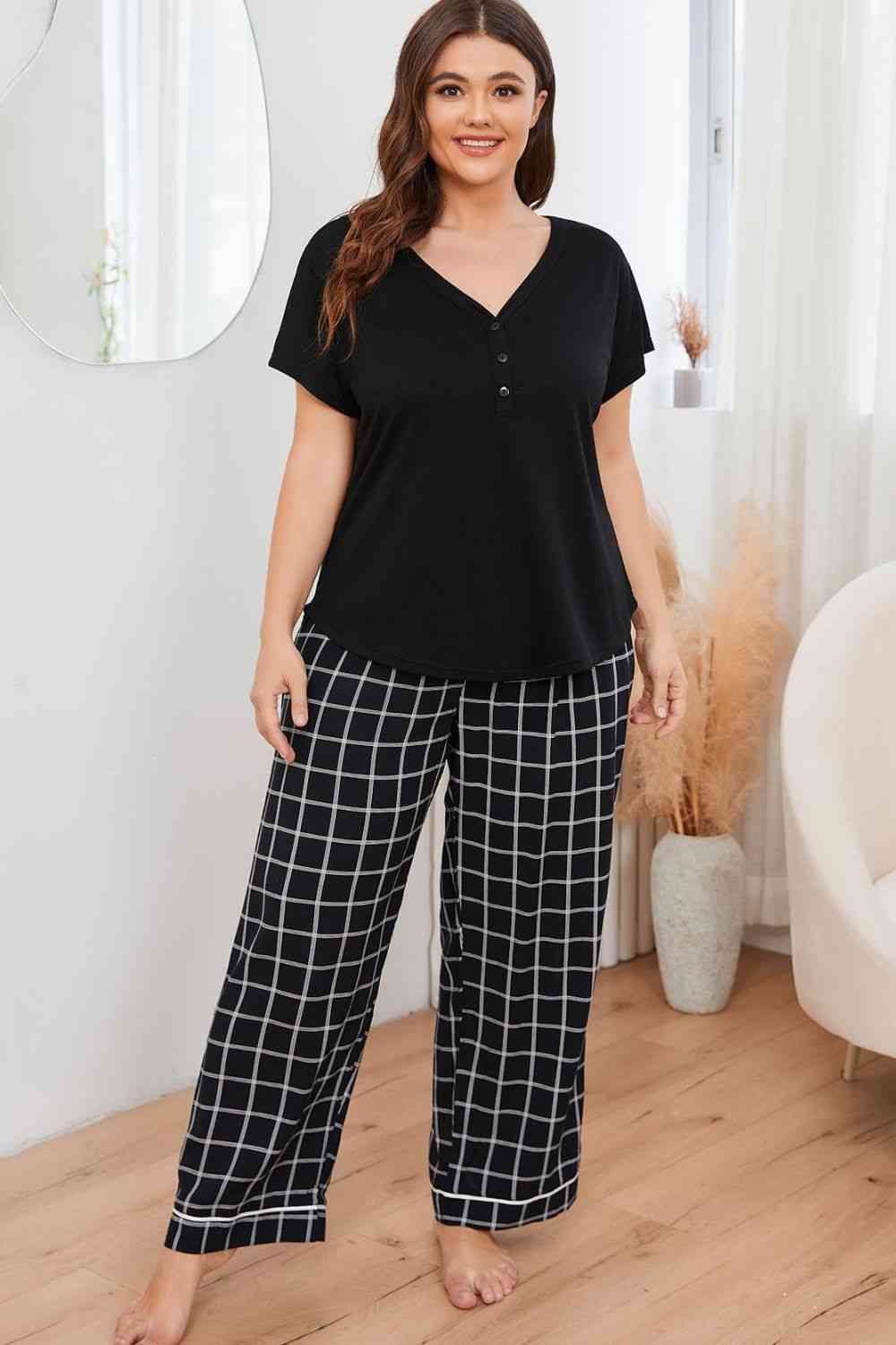 Plus Size V-Neck Top and Plaid Pants Lounge Set - TRENDMELO