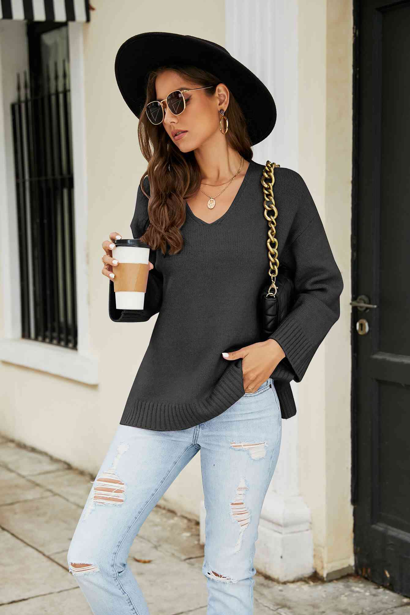 Drop Shoulder V-Neck Knit Pullover - TRENDMELO