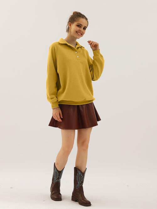 Ninexis Full Size Quarter-Button Collared Sweatshirt - TRENDMELO