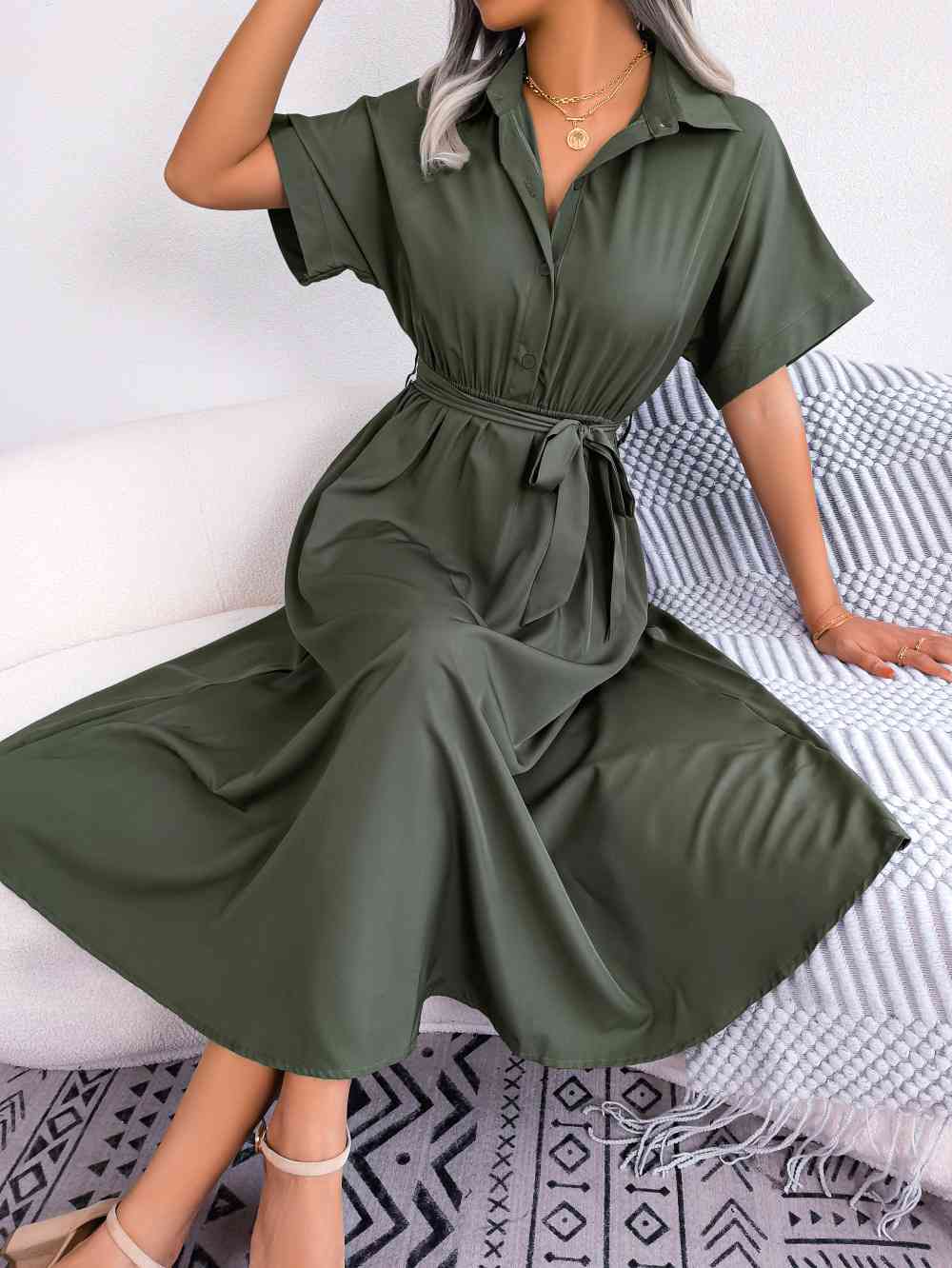 Short Sleeve Collared Tie Belt Dress - TRENDMELO