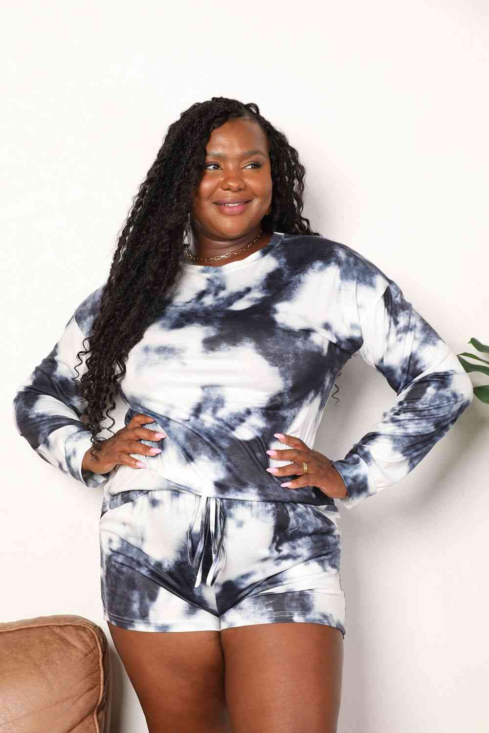 Double Take Tie-Dye Round Neck Top and Shorts Lounge Set - TRENDMELO