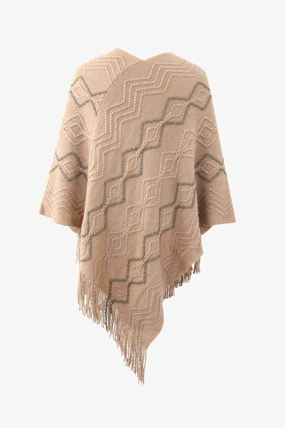 Pearl Trim V-Neck Fringe Hem Poncho - TRENDMELO