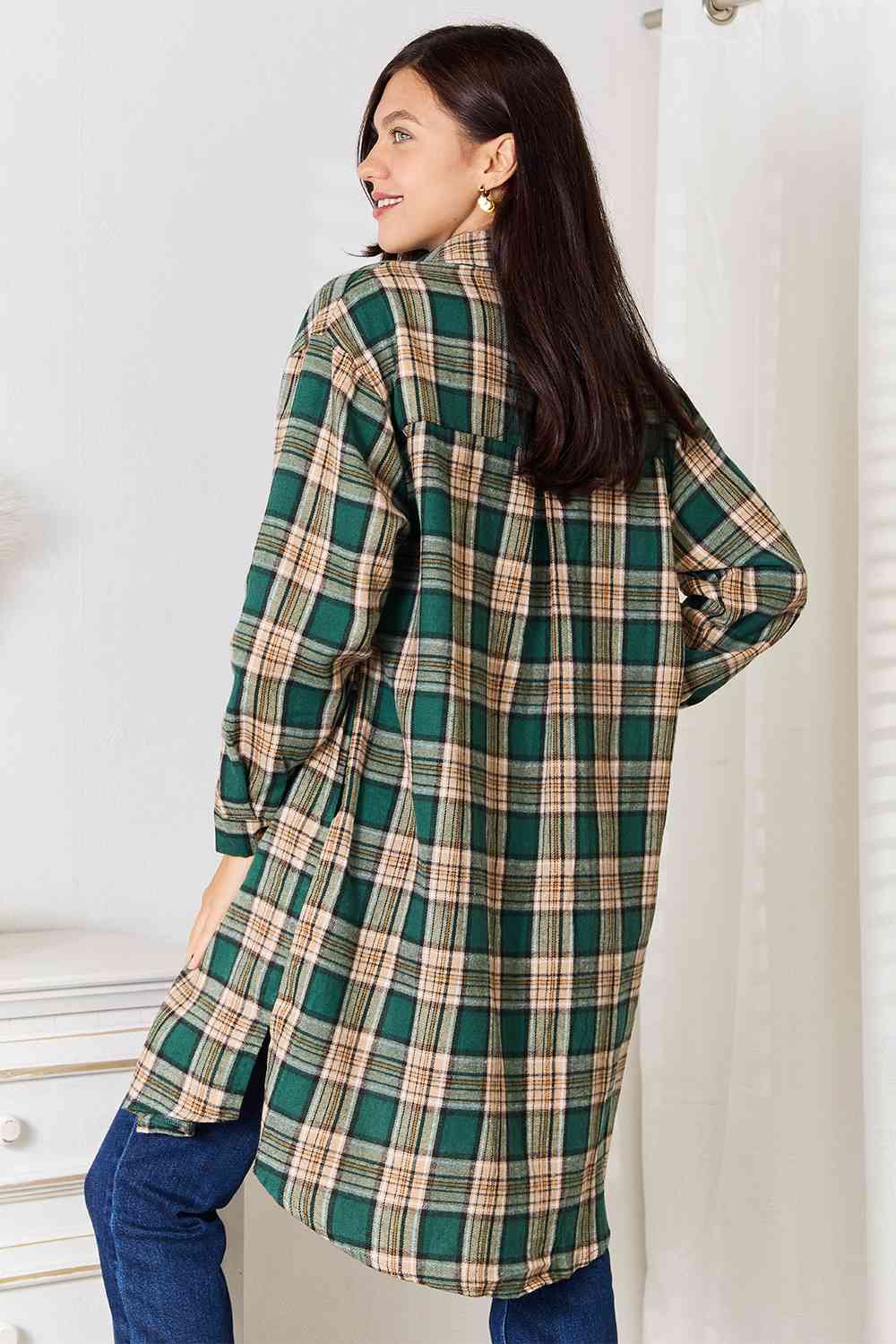 Double Take Plaid Collared Neck Long Sleeve Shirt - TRENDMELO