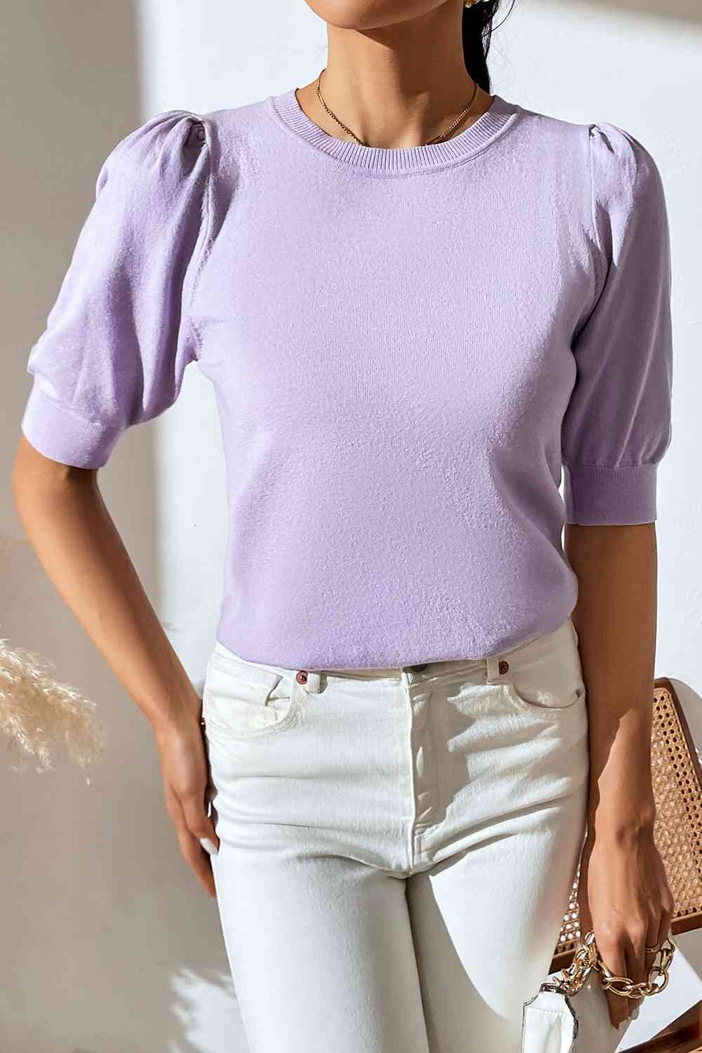 Round Neck Puff Sleeve Knit Top - TRENDMELO