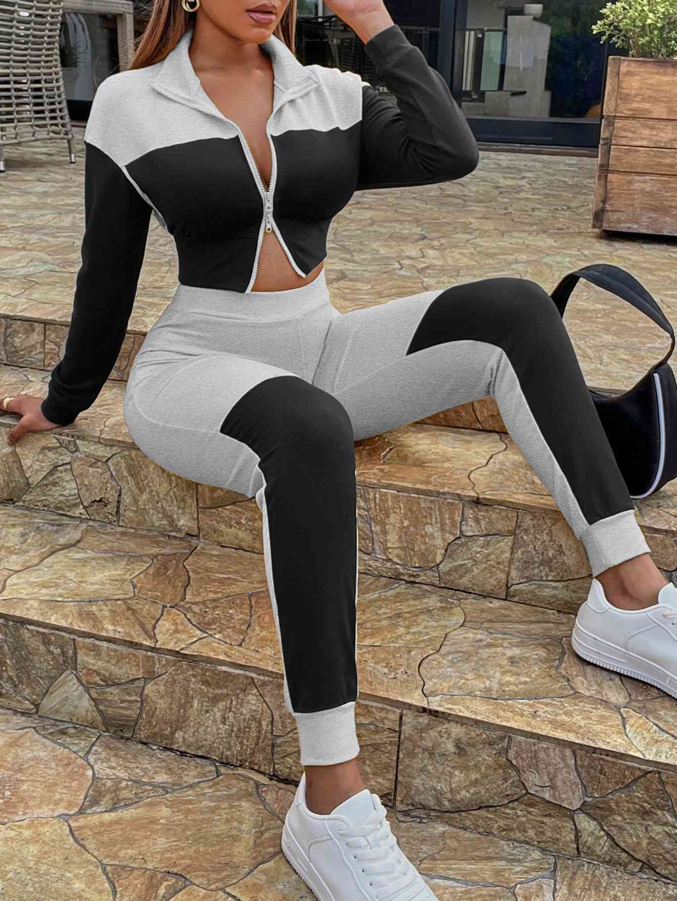 Two-Tone Collared Neck Top and Joggers Set - TRENDMELO