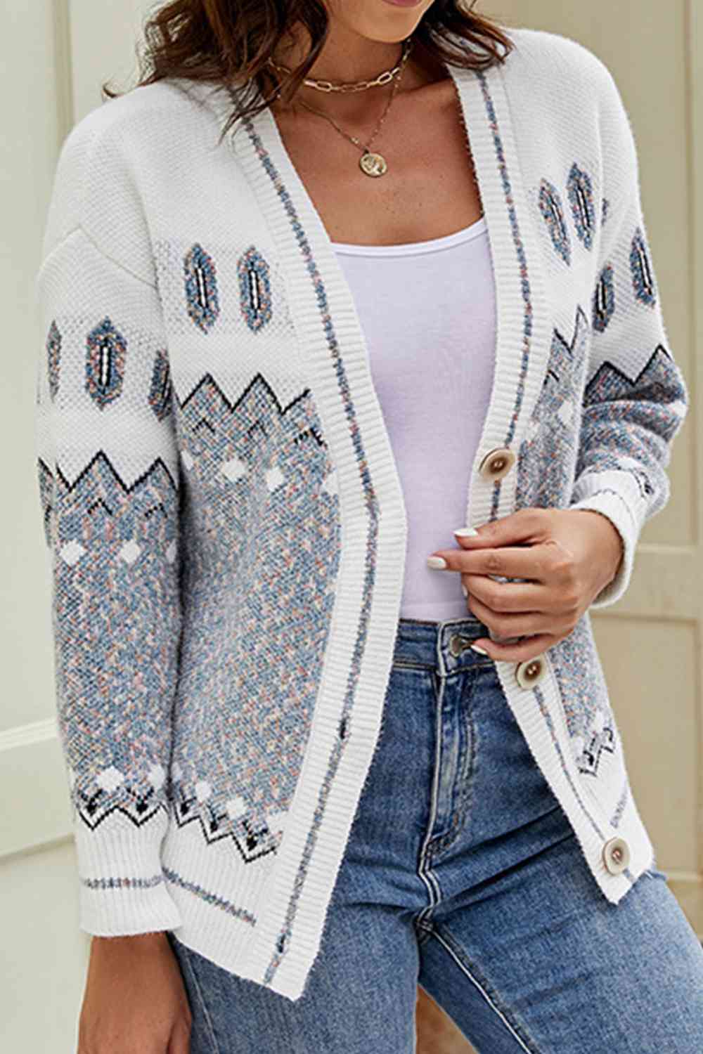 Printed V-Neck Buttoned Cardigan - TRENDMELO