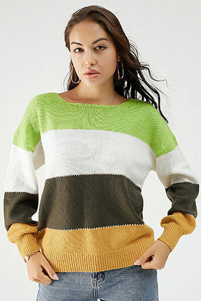 Color Block Dropped Shoulder Sweater - TRENDMELO