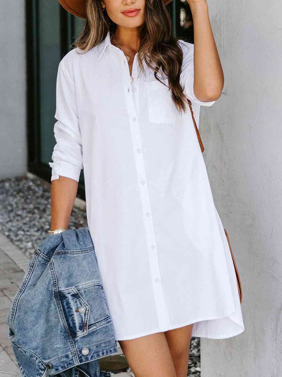 Button Up Collared Neck Long Sleeve Shirt Dress - TRENDMELO