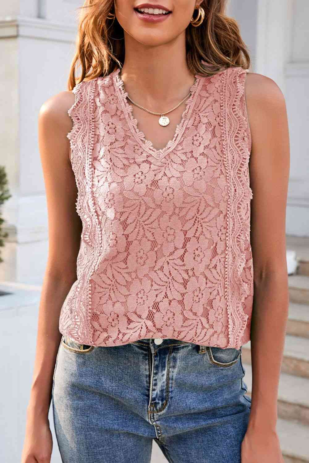 Lace V-Neck Tank - TRENDMELO