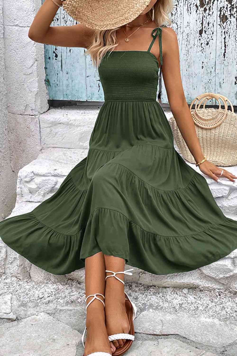 Tie-Shoulder Tiered Midi Dress - TRENDMELO