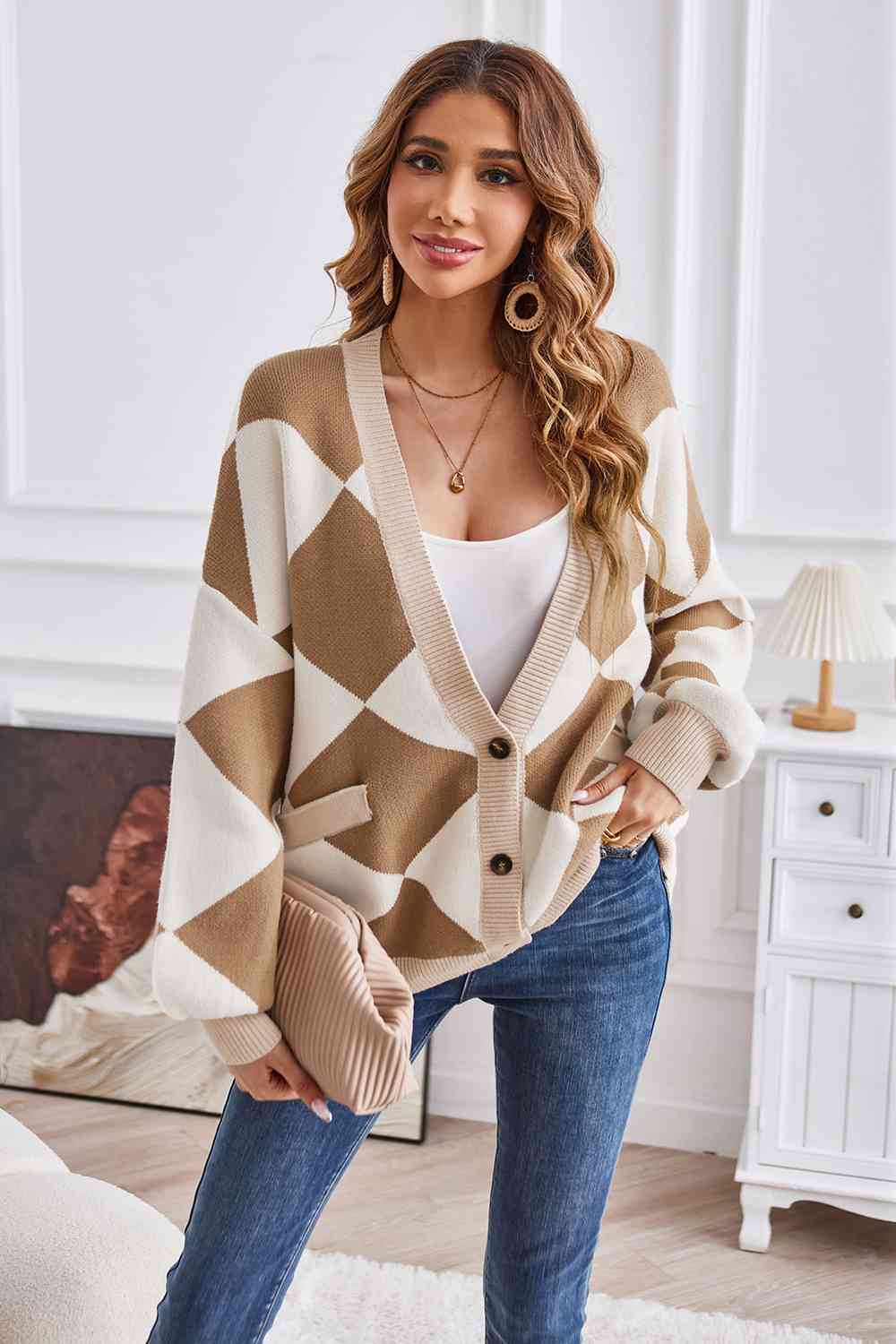 Geometric Lantern Sleeve Cardigan with Pockets - TRENDMELO