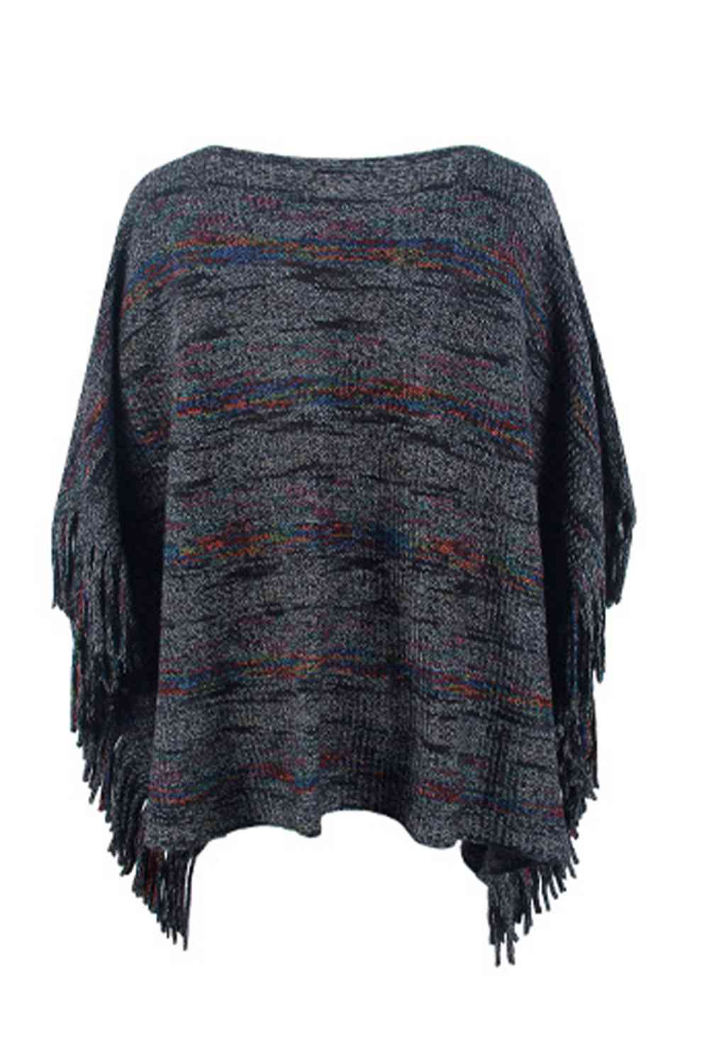 Round Neck Fringe Detail Sleeve Poncho - TRENDMELO