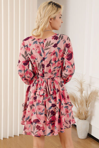 Printed Surplice Balloon Sleeve Mini Dress - TRENDMELO