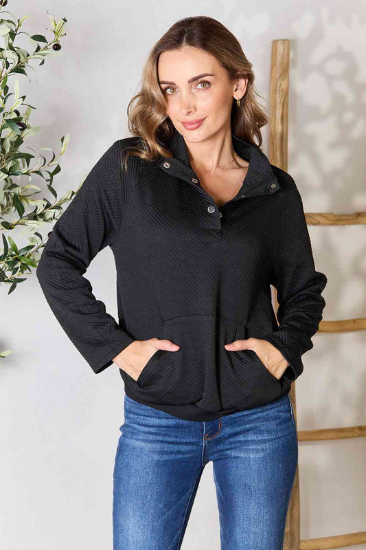 Double Take Half Buttoned Collared Neck Sweatshirt with Pocket - TRENDMELO
