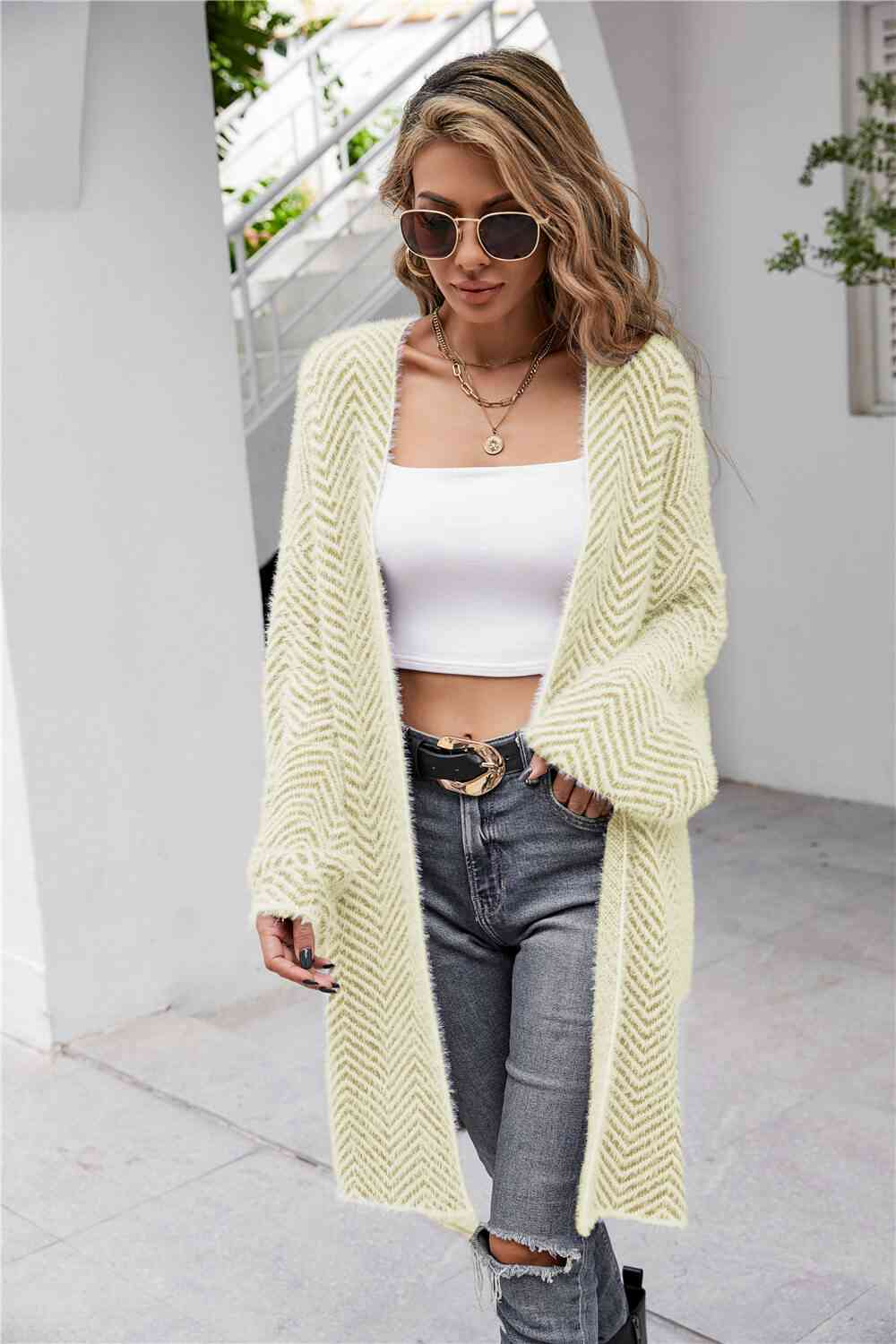 Herringbone Pattern Open Front Longline Fuzzy Cardigan - TRENDMELO