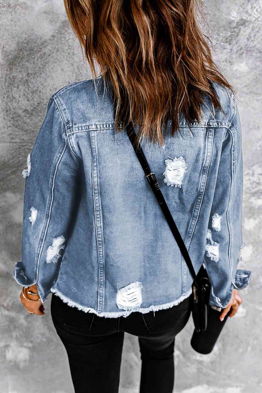 Distressed Raw Hem Denim Jacket - TRENDMELO