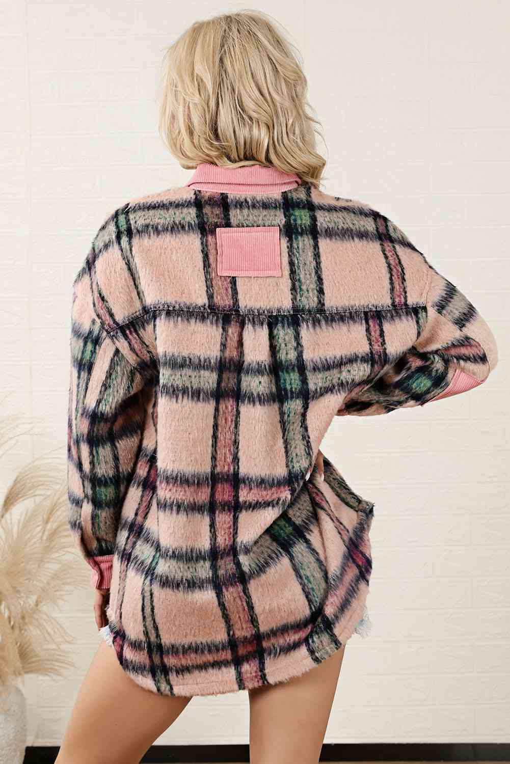 Plaid Button Down Drop Shoulder Jacket - TRENDMELO