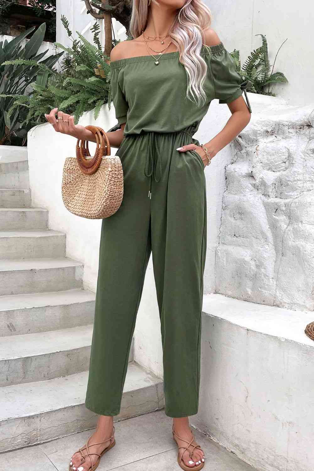 Off-Shoulder Tie Cuff Jumpsuit with Pockets - TRENDMELO