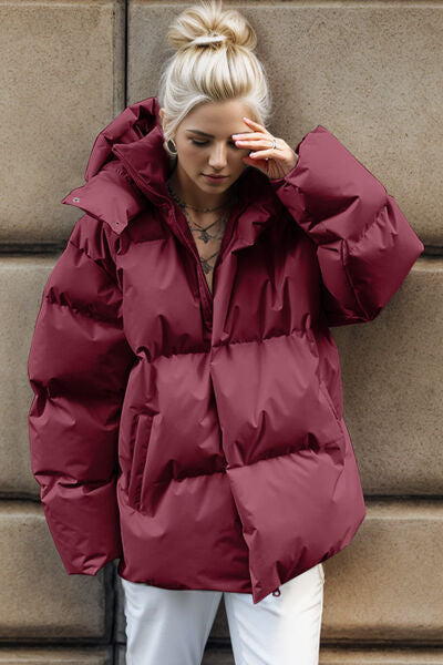 Pocketed Zip Up Hooded Puffer Jacket - TRENDMELO