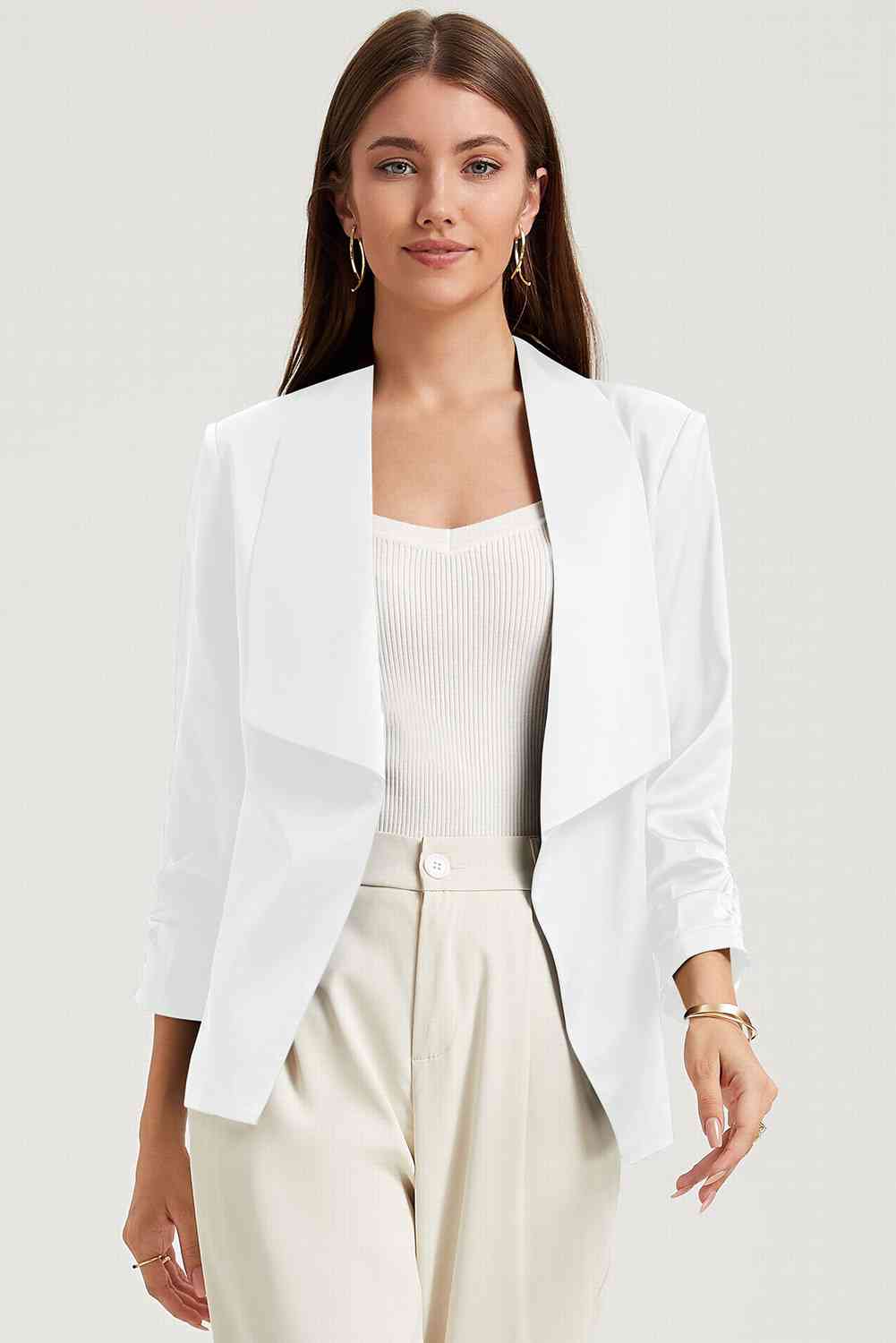 Ruched Open Front Blazer - TRENDMELO