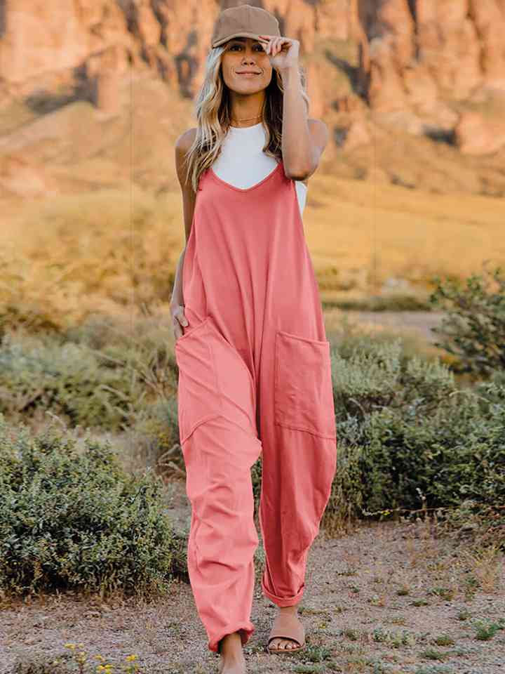 Double Take Full Size Sleeveless V-Neck Pocketed Jumpsuit - TRENDMELO