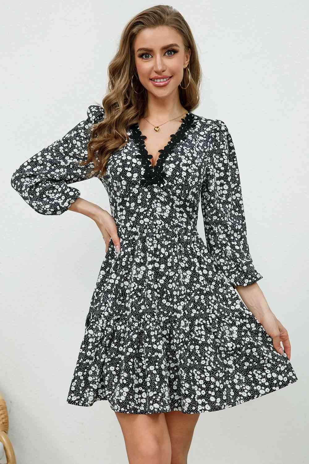 Printed Plunge Neck Flounce Sleeve Mini Dress - TRENDMELO