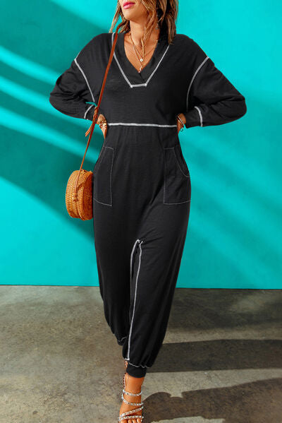 Contrast Stitching Pocketed Dropped Shoulder Jumpsuit - TRENDMELO