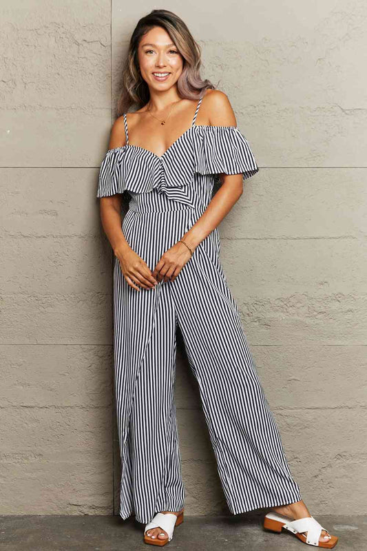 Striped Spaghetti Strap Cold-Shoulder Jumpsuit - TRENDMELO