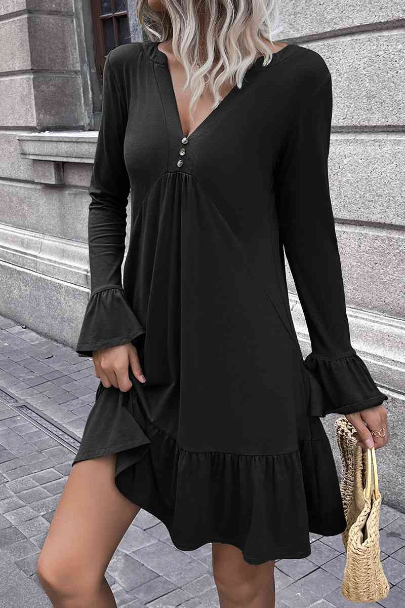 V-Neck Flounce Sleeve Ruffle Hem Mini Dress - TRENDMELO