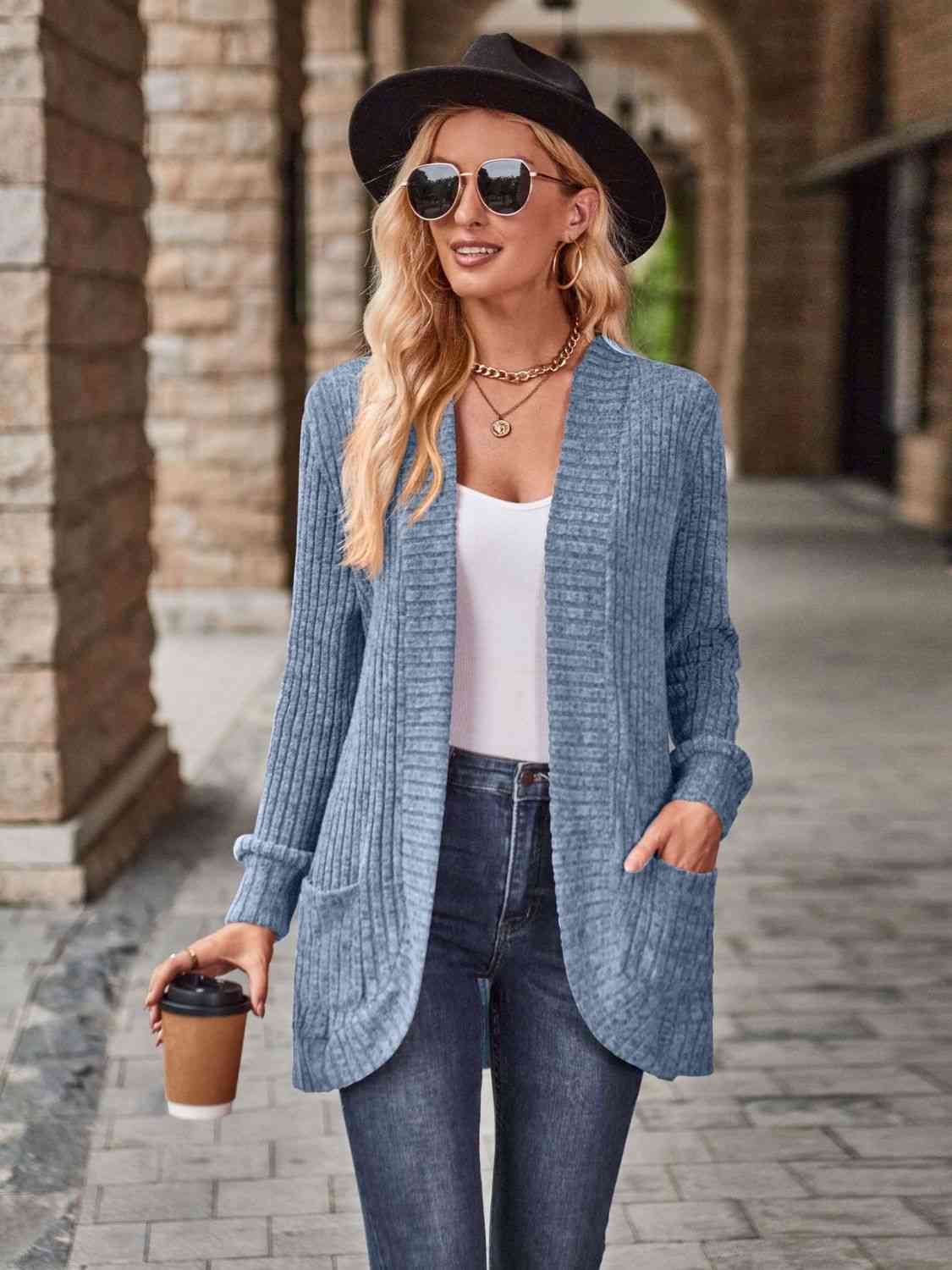 Open Front Cardigan with Pockets - TRENDMELO