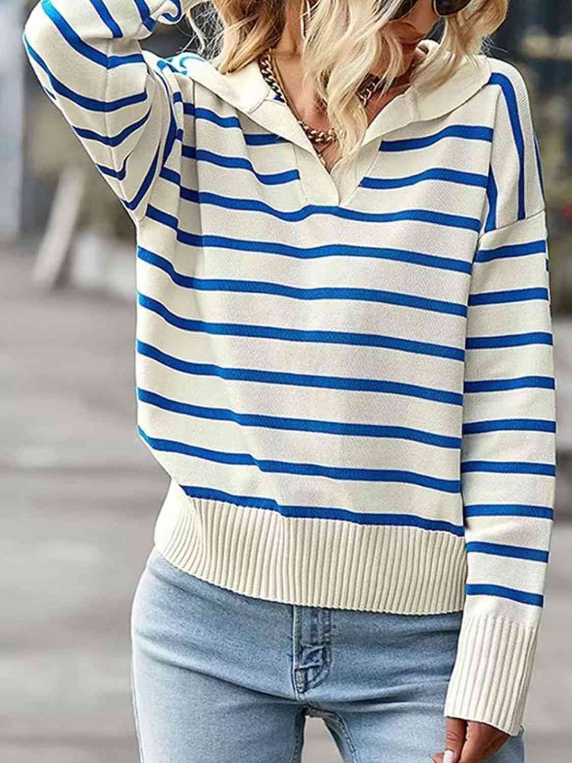 Striped Collared Neck Knit Top - TRENDMELO