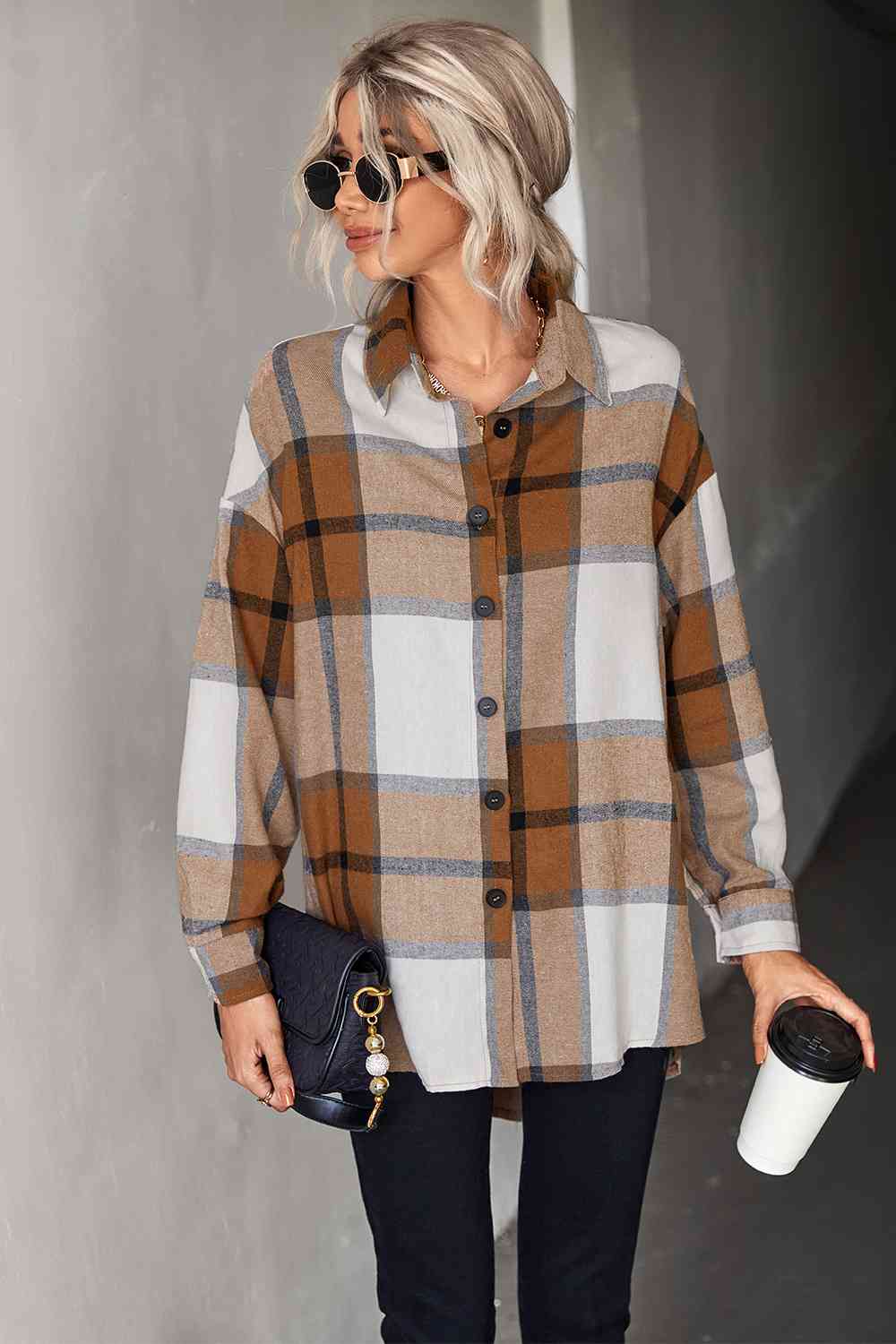 Plaid Collared Neck Longline Shirt - TRENDMELO