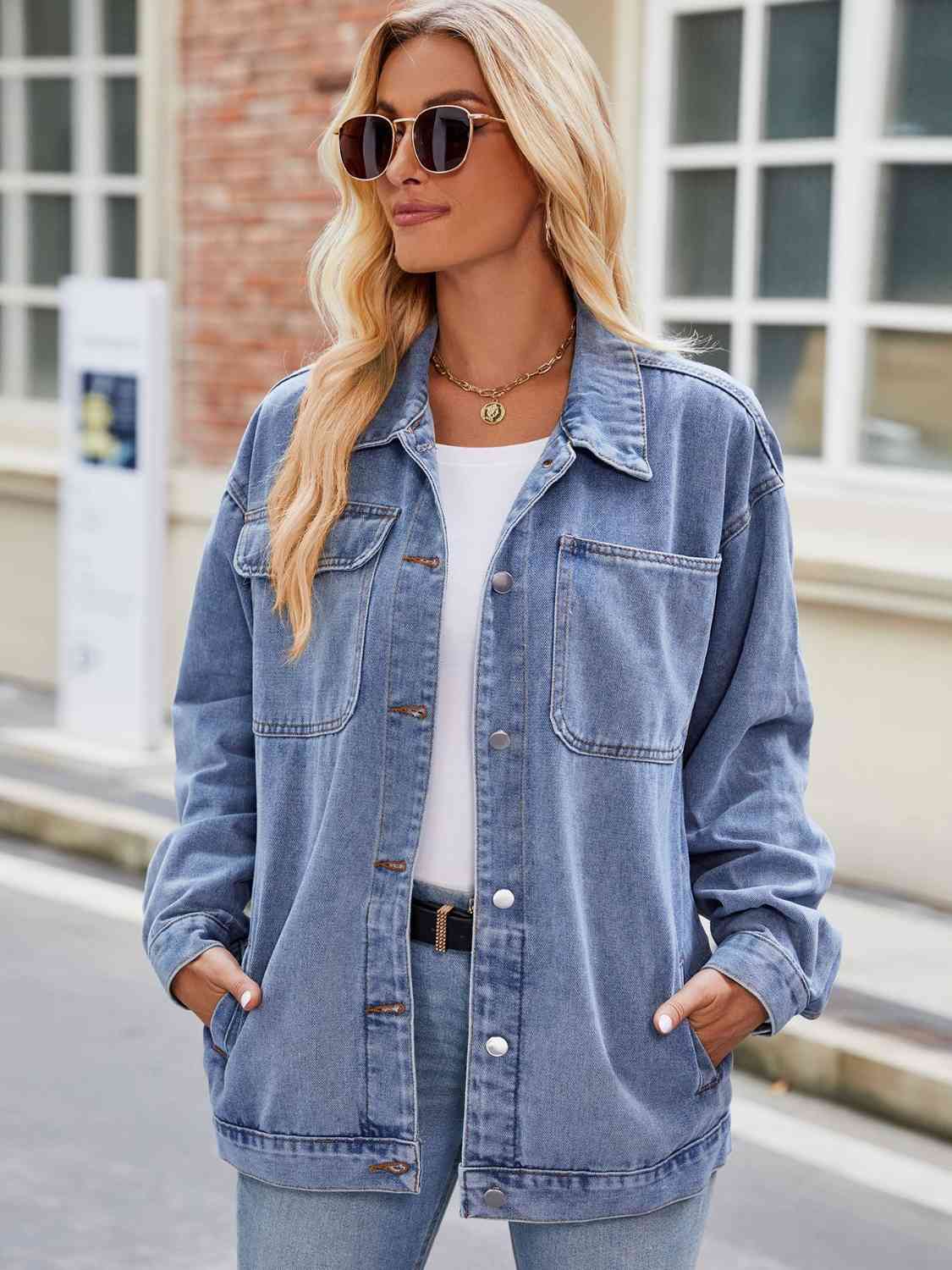 Button Up Denim Jacket with Pockets - TRENDMELO