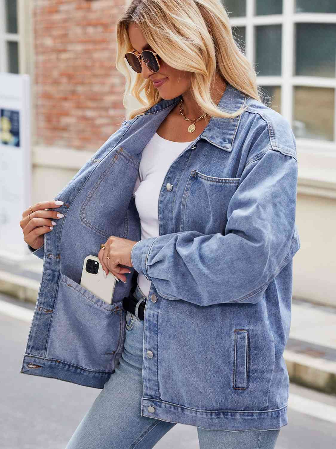 Button Up Denim Jacket with Pockets - TRENDMELO