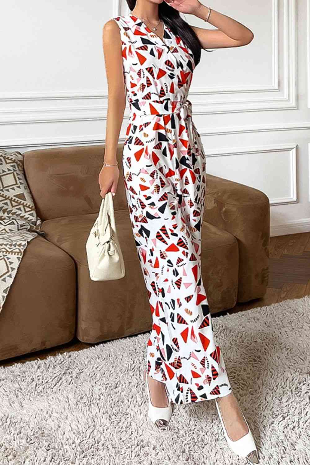 Printed Surplice Neck Sleeveless Jumpsuit - TRENDMELO