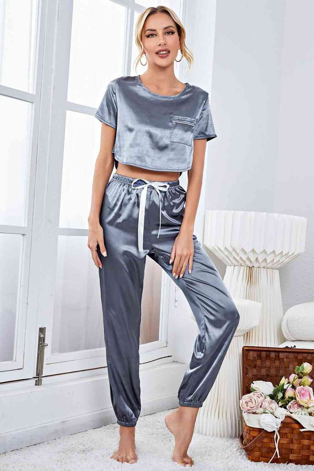 Satin Short Sleeve Crop Top and Joggers Lounge Set - TRENDMELO