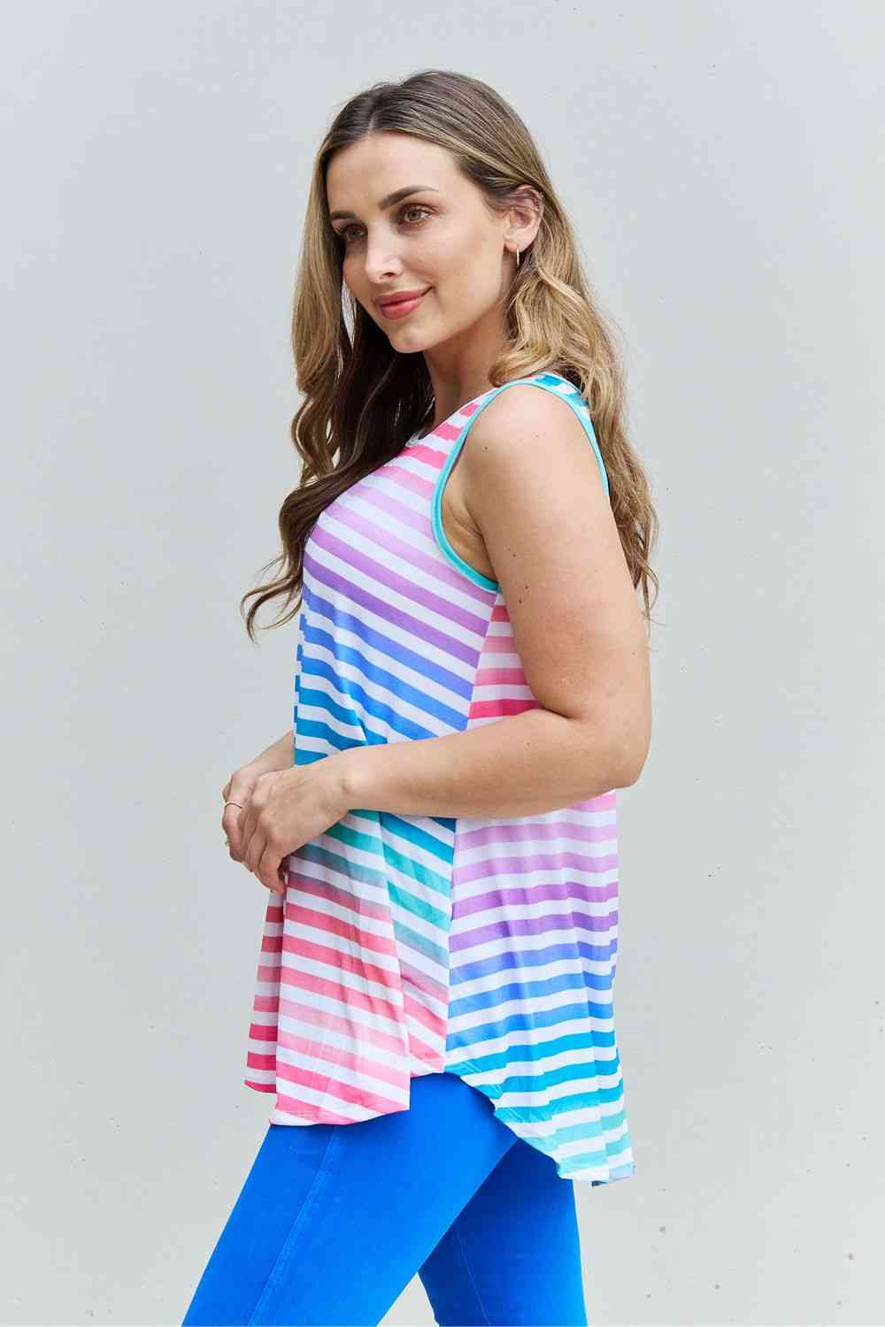 Heimish Love Yourself Full Size Multicolored Striped Sleeveless Round Neck Top - TRENDMELO